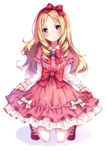 Anime picture 636x900 with eromanga sensei a-1 pictures yamada elf shiero. single long hair tall image looking at viewer blush blonde hair simple background smile white background full body kneeling drill hair lolita fashion girl dress bow