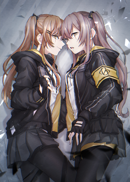 Anime picture 2579x3624 with girls frontline ump45 (girls frontline) ump9 (girls frontline) kunoki toki long hair tall image looking at viewer fringe highres breasts open mouth blonde hair smile hair between eyes standing twintails multiple girls yellow eyes profile pleated skirt
