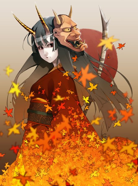 Anime picture 1296x1744 with original kyo (kuroichigo) single long hair tall image black hair brown eyes japanese clothes horn (horns) pale skin oni horns mask on head demon girl leaf (leaves) mask