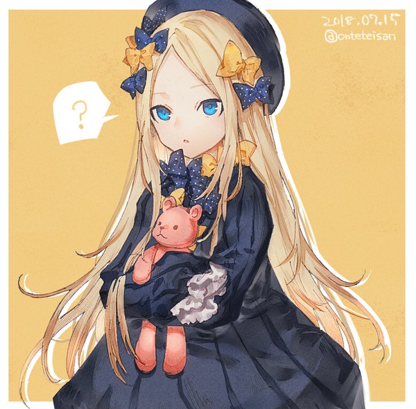 Anime picture 1556x1532 with fate (series) fate/grand order abigail williams (fate) shionty single long hair fringe open mouth blue eyes simple background blonde hair holding signed payot looking away long sleeves :o twitter username border dated