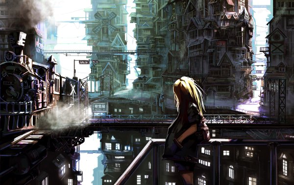 Anime picture 1200x754 with original udlj331 single long hair brown hair standing looking away city smoke cityscape steam hands in pockets girl jacket building (buildings) backpack bridge train railroad tracks windmill