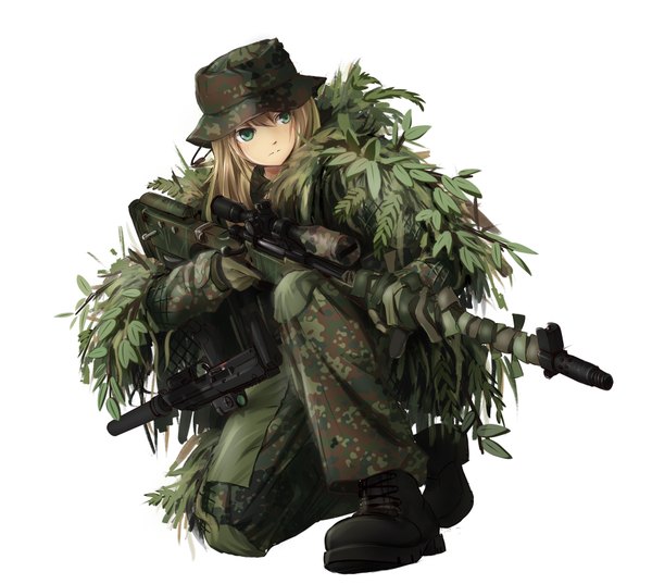 Anime picture 1864x1670 with original tc1995 single long hair fringe highres blonde hair holding green eyes looking away dual wielding army camouflage sniper girl gloves uniform weapon boots gun
