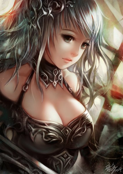 Anime picture 707x1000 with original wuduo single long hair tall image fringe breasts bare shoulders signed looking away cleavage lips grey hair grey eyes girl hair ornament