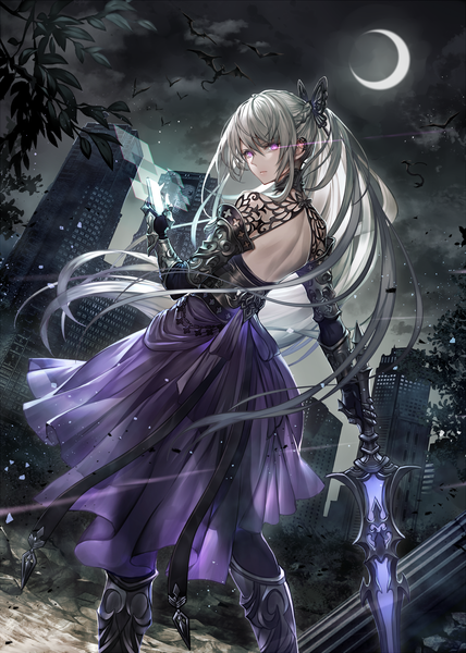 Anime picture 1500x2104 with original senano-yu single long hair tall image looking at viewer fringe hair between eyes standing purple eyes holding cloud (clouds) outdoors ponytail looking back wind grey hair from behind night night sky
