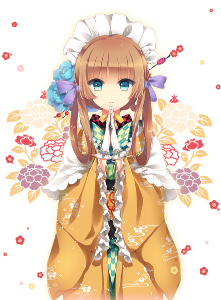 Anime picture 900x1217 with original ceru single long hair tall image looking at viewer blue eyes brown hair traditional clothes japanese clothes praying girl gloves hair ornament flower (flowers) kimono
