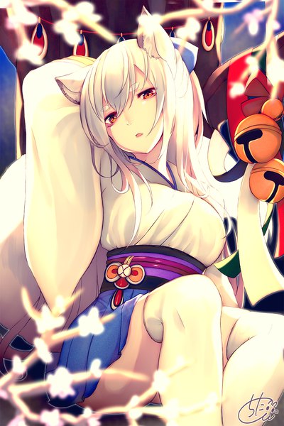 Anime-Bild 1334x2000 mit original chita (ketchup) single long hair tall image looking at viewer fringe breasts hair between eyes red eyes large breasts sitting signed animal ears tail traditional clothes parted lips head tilt japanese clothes animal tail