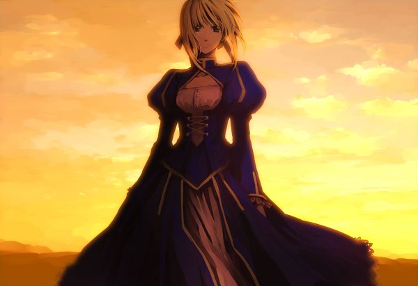 Anime picture 1200x822 with fate (series) fate/stay night studio deen type-moon artoria pendragon (all) saber single short hair blonde hair green eyes sky cloud (clouds) evening sunset girl dress