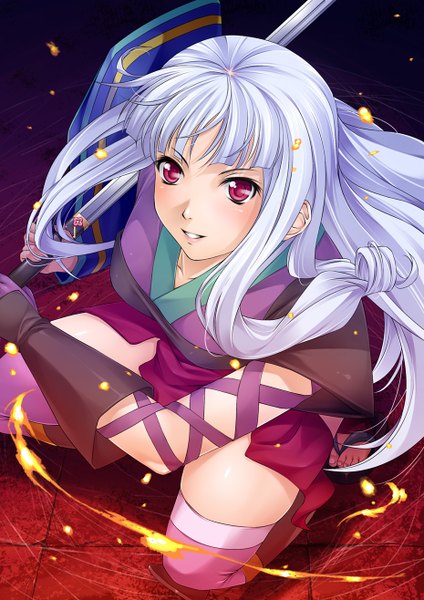 Anime picture 930x1316 with katanagatari white fox togame isshiki (ffmania7) single long hair tall image blush fringe breasts red eyes holding ahoge white hair traditional clothes light smile lips wide sleeves zettai ryouiki kneeling