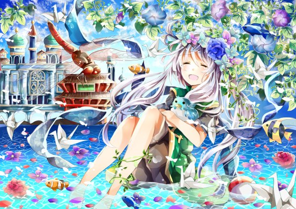 Anime picture 2484x1760 with original azumamutuki long hair blush highres open mouth smile sitting sky silver hair cloud (clouds) eyes closed girl flower (flowers) plant (plants) animal petals water bird (birds) building (buildings)