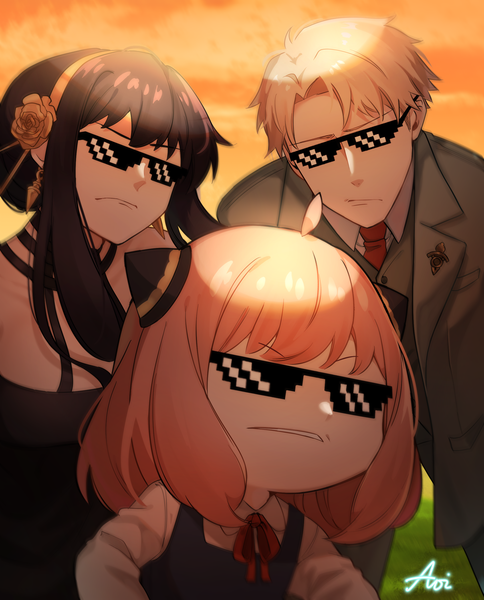 Anime picture 2176x2700 with spy x family yor briar anya (spy x family) twilight (spy x family) aoirnn long hair tall image looking at viewer fringe highres short hair black hair blonde hair multiple girls signed pink hair sky outdoors parted lips meme