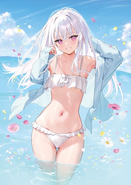 Anime picture 1358x1920 with original shiro-chan (mignon) mignon single long hair tall image looking at viewer blush fringe light erotic smile hair between eyes standing sky cloud (clouds) outdoors white hair long sleeves head tilt pink eyes