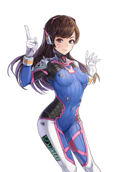 Anime picture 1000x1415 with overwatch blizzard entertainment d.va (overwatch) kim eb single long hair tall image fringe simple background smile brown hair white background brown eyes looking away facial mark whisker markings pointing girl gloves white gloves