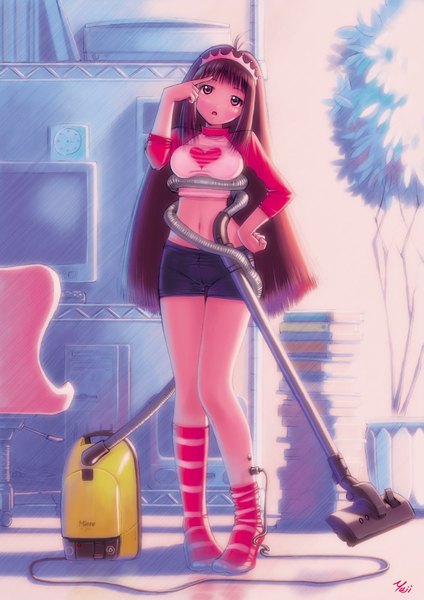 Anime picture 1240x1754 with tall image brown hair very long hair hand on hip hand on head girl thighhighs shorts heart book (books) striped thighhighs chair tiara wire (wires) room monitor vacuum cleaner