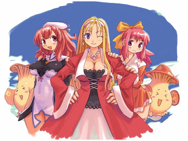 Anime picture 1152x864 with la pucelle nippon ichi prier nomura ryouji breasts light erotic blonde hair smile large breasts multiple girls pink hair cleavage ponytail red hair nail polish one eye closed fingernails wink huge breasts long fingernails