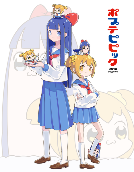 Anime picture 750x963 with poptepipic pipimi popuko captain yue long hair tall image looking at viewer short hair blue eyes blonde hair standing twintails multiple girls signed yellow eyes blue hair copyright name twitter username short twintails crossed arms