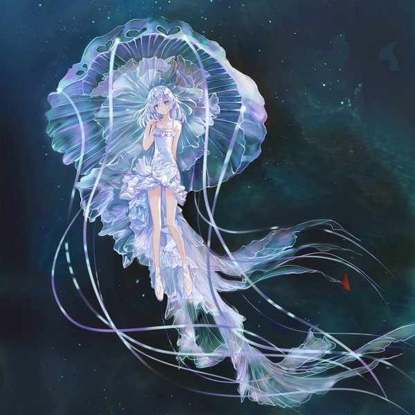 Anime picture 3997x4000 with original shan gui yu yao single tall image fringe highres short hair hair between eyes absurdres silver hair full body sleeveless frilled dress silver eyes girl dress frills white dress jellyfish
