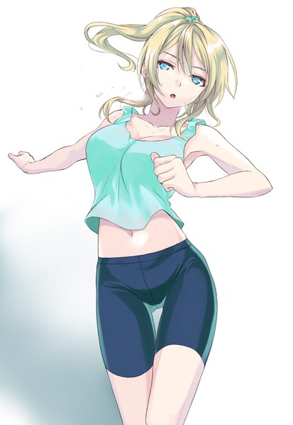Anime picture 800x1161 with love live! school idol project sunrise (studio) love live! ayase eli simon (n.s craft) single tall image fringe short hair breasts blue eyes light erotic simple background blonde hair hair between eyes large breasts white background payot looking away ponytail