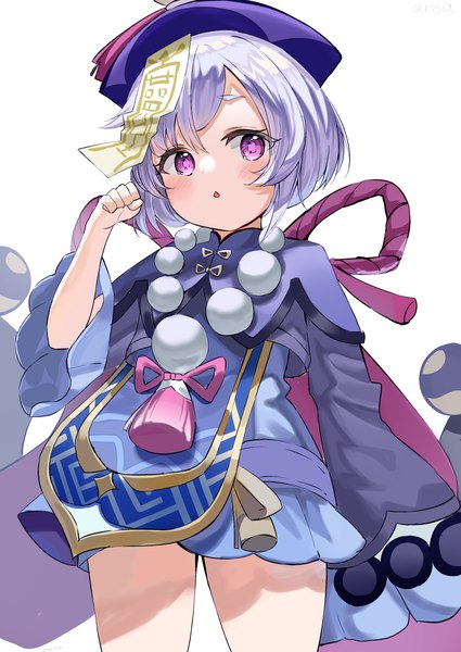 Anime picture 2149x3035 with genshin impact qiqi (genshin impact) aroa (aroamoyasi) single tall image fringe highres short hair simple background hair between eyes standing white background purple eyes purple hair traditional clothes :o from below chinese clothes girl hat