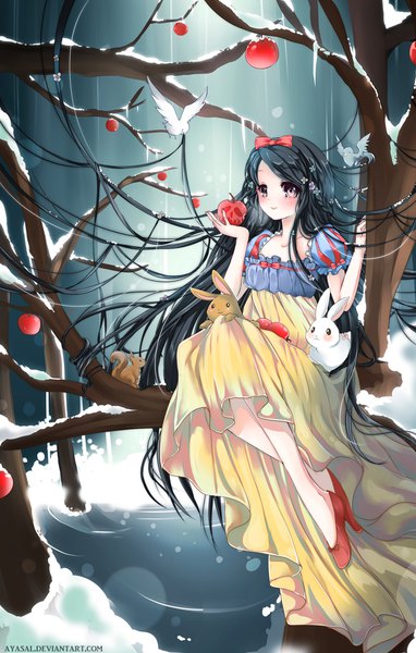 Anime picture 750x1175 with snow white and the seven dwarfs snow white ayasal single long hair tall image blush black hair sitting holding signed bent knee (knees) pink eyes high heels crossed legs winter snow girl dress bow