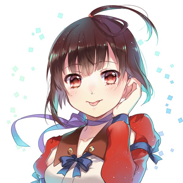 Anime picture 1181x1181 with koutetsujou no kabaneri wit studio mumei (kabaneri) ekita xuan single looking at viewer blush fringe short hair simple background red eyes brown hair white background upper body ponytail hand on head girl ribbon (ribbons) tongue