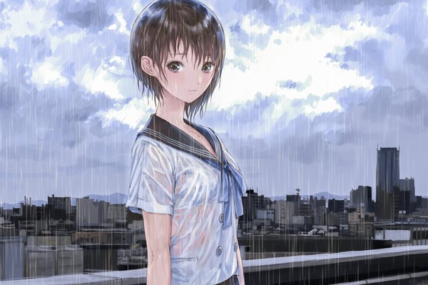 Anime picture 1920x1280 with blue reflection gust (company) shirai hinako kishida mel single looking at viewer highres short hair light erotic brown hair standing brown eyes cloud (clouds) upper body city rain cityscape wet clothes girl uniform