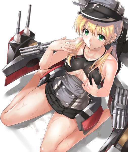 Anime picture 1557x1842 with kantai collection prinz eugen (kantai collection) ipuu (el-ane koubou) single long hair tall image looking at viewer breasts light erotic blonde hair sitting green eyes braid (braids) parted lips pleated skirt from above :o shadow sweat twin braids