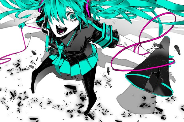 Anime picture 1600x1066 with vocaloid koi wa sensou (vocaloid) hatsune miku tagme (artist) single long hair fringe open mouth twintails aqua eyes hair over one eye aqua hair shadow angry screaming girl gloves necktie wire (wires) megaphone
