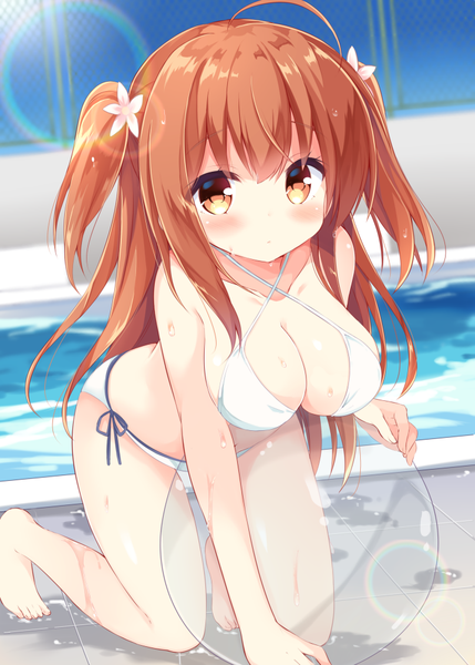 Anime picture 715x1000 with original kujou danbo single long hair tall image blush fringe breasts light erotic large breasts bare shoulders payot ahoge hair flower blurry orange hair wet orange eyes two side up depth of field