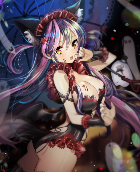 Anime picture 1308x1606 with original gambe single long hair tall image looking at viewer blush fringe breasts open mouth light erotic black hair hair between eyes large breasts animal ears yellow eyes payot pink hair cleavage ass