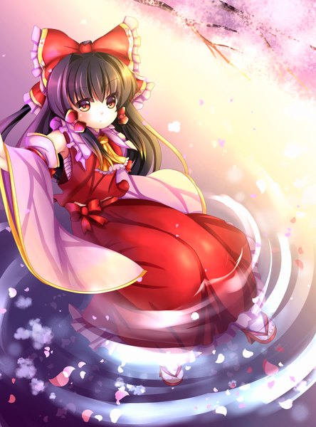 Anime picture 741x1000 with touhou hakurei reimu rocaizy single long hair tall image looking at viewer blush black hair red eyes traditional clothes cherry blossoms miko girl bow plant (plants) hair bow detached sleeves petals tree (trees)