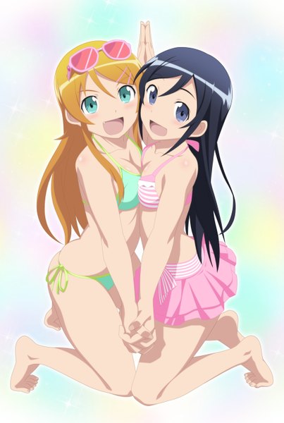 Anime picture 940x1400 with ore no imouto ga konna ni kawaii wake ga nai kousaka kirino aragaki ayase smile (rz) long hair tall image blush open mouth blue eyes light erotic black hair blonde hair multiple girls girl 2 girls swimsuit bikini sunglasses bikini skirt