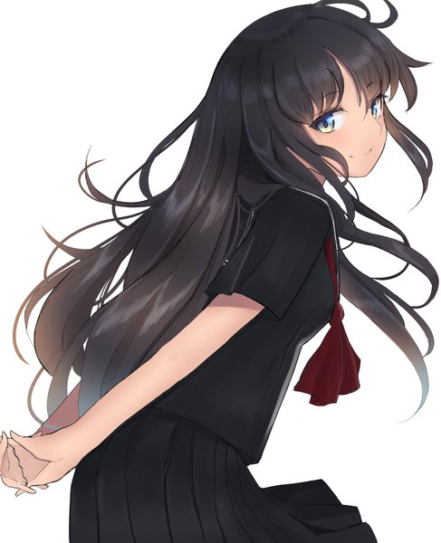 Anime picture 812x1000 with original hinomaru (futagun) single long hair tall image looking at viewer blush fringe blue eyes black hair simple background smile standing white background ahoge pleated skirt looking back short sleeves leaning leaning forward