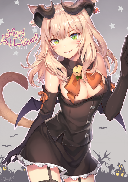 Anime picture 1500x2125 with final fantasy final fantasy xiv square enix miqo'te momoko (momopoco) long hair tall image breasts light erotic blonde hair green eyes animal ears cleavage tail animal tail horn (horns) cat ears teeth cat tail fang (fangs)