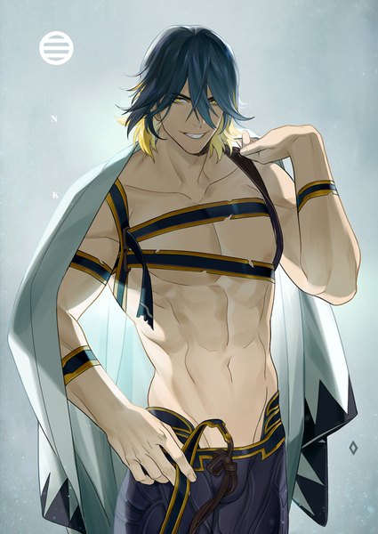 Anime picture 660x932 with touken ranbu nitroplus nagasone kotetsu inkerpape single tall image looking at viewer light erotic simple background blonde hair smile hair between eyes yellow eyes blue hair multicolored hair two-tone hair hand on hip groin topless muscle