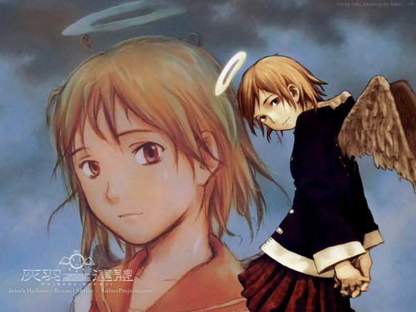 Anime picture 1024x768 with haibane renmei rakka (haibane) abe yoshitoshi looking at viewer short hair brown hair brown eyes long sleeves pleated skirt light smile wallpaper multiview girl skirt wings halo red skirt