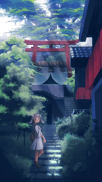 Anime picture 1080x1920 with original arukiru single tall image looking at viewer short hair red eyes standing animal ears grey hair sunlight bunny ears dark skin standing on one leg scenic architecture bob cut east asian architecture girl dress