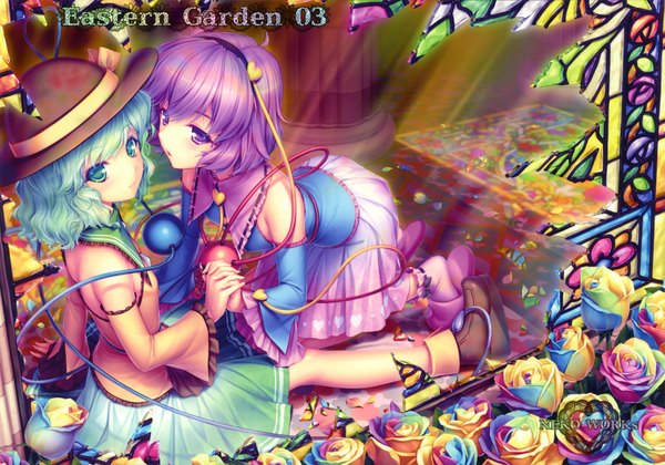 Anime-Bild 4333x3040 mit touhou komeiji koishi komeiji satori sayori blush highres short hair smile purple eyes multiple girls green eyes absurdres purple hair green hair holding hands girl dress flower (flowers) 2 girls hat