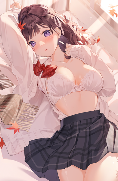 Anime picture 1235x1889 with original kinako (shiratama mochi) single long hair tall image looking at viewer blush fringe breasts light erotic brown hair purple eyes indoors lying blunt bangs long sleeves pleated skirt arm up from above sunlight