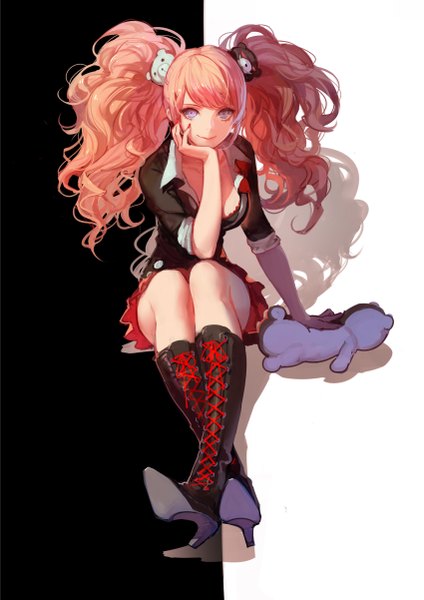 Anime picture 1700x2403 with dangan ronpa enoshima junko monokuma ask (askzy) single long hair tall image looking at viewer blue eyes sitting twintails pink hair full body shadow chin rest girl skirt hair ornament boots toy