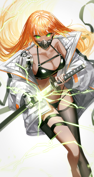 Anime picture 2119x3987 with original akqne single long hair tall image looking at viewer fringe highres breasts light erotic simple background large breasts white background holding green eyes cleavage blunt bangs long sleeves fingernails orange hair