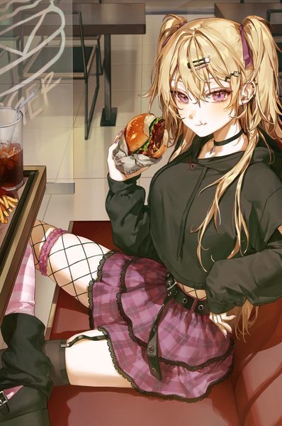 Anime picture 2000x3013 with original kellymonica02 single long hair tall image looking at viewer fringe highres blonde hair hair between eyes sitting long sleeves nail polish pink eyes fingernails two side up piercing sleeves past wrists plaid skirt ear piercing