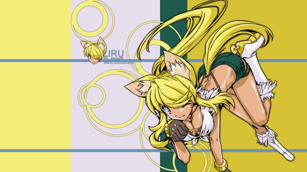 Anime picture 4864x2736 with renkin san-kyuu magical pokaan liru zerofear single long hair looking at viewer highres blue eyes light erotic blonde hair wide image animal ears payot cleavage ponytail tail animal tail one eye closed wink fang (fangs)