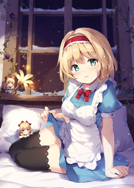 Anime picture 652x916 with touhou alice margatroid shanghai miyase mahiro single tall image looking at viewer blush fringe short hair breasts open mouth blue eyes blonde hair smile hair between eyes sitting indoors head tilt blurry