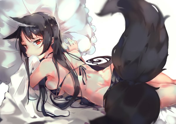 Anime picture 3508x2480 with original bokujuu single long hair looking at viewer fringe highres breasts light erotic black hair simple background hair between eyes red eyes white background animal ears absurdres tail lying animal tail fox ears