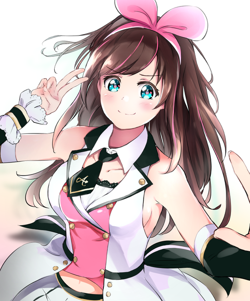Anime picture 797x960 with virtual youtuber a.i. channel kizuna ai neofreet single long hair tall image looking at viewer blush fringe simple background smile brown hair white background multicolored hair aqua eyes two-tone hair streaked hair sleeveless floating hair