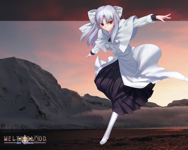 Anime picture 1280x1024 with shingetsutan tsukihime melty blood type-moon white len takeuchi takashi single long hair red eyes silver hair full body pleated skirt wallpaper outstretched arm half updo photo background girl skirt bow hair bow pantyhose