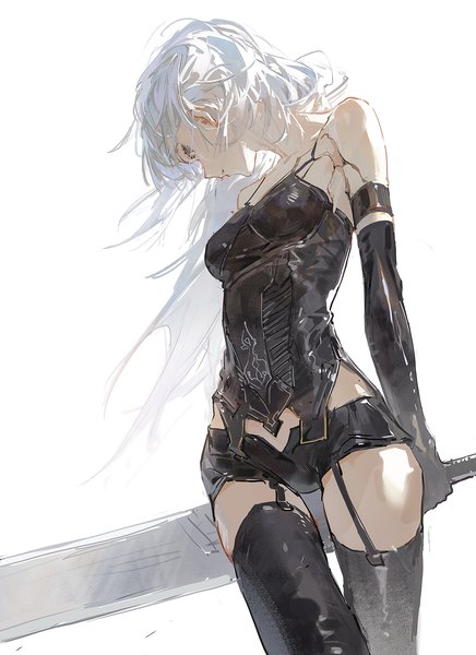 Anime picture 1200x1653 with nier nier:automata yorha type a no. 2 dino (dinoartforame) single long hair tall image fringe blue eyes light erotic simple background standing white background bare shoulders looking away white hair from below thigh gap girl thighhighs