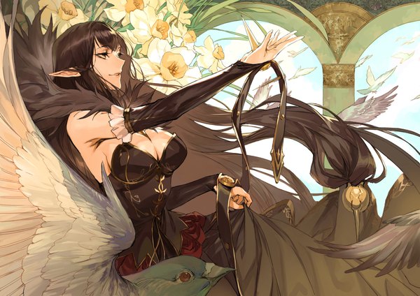Anime picture 4093x2894 with fate (series) fate/apocrypha semiramis (fate) seomouse single fringe highres breasts light erotic black hair large breasts yellow eyes looking away absurdres sky cleavage cloud (clouds) very long hair parted lips profile