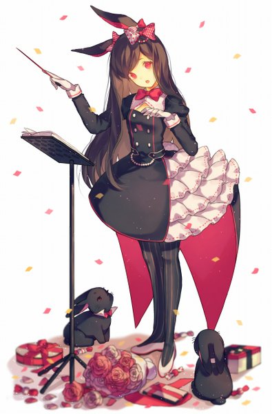 Anime picture 843x1280 with original yasiromann single long hair tall image looking at viewer open mouth black hair simple background standing white background animal ears :o bunny ears girl thighhighs dress gloves flower (flowers) bow