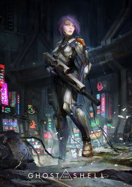 Anime picture 3536x5000 with ghost in the shell production i.g kusanagi motoko daniel kamarudin single tall image fringe highres short hair blue eyes standing holding looking away absurdres purple hair full body outdoors lips copyright name city